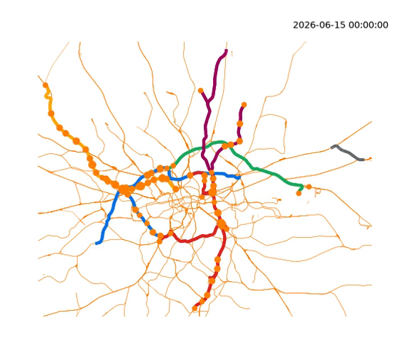 A visualization of timetabled train services for London Overground. The orange circles are proportional to the aggregated service counts in 10 minute buckets at timing point locations (TIPLOCs). The main coloured lines are the London Overground named routes using the associated Transport for London colour coding. The remaining orange lines are other rail infrastructure.  The music is "Di-gue ding ding" by the inestimable Michel Legrand*.

* If you get the chance, go and see "The Thomas Crown Affair", for the soundtrack if nothing else.