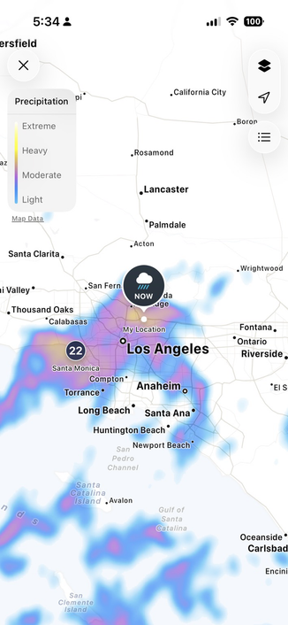 Map of rain intensity for Los Angeles area. Strong rain over almost all of the city and many adjacent cities at 5:30 AM PDT September 6