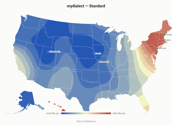 A map of places in the US my ideolect sound more or less like. Dark blue is least and red most. The emphasis appears to be on the NE of the USA around New York and New England.