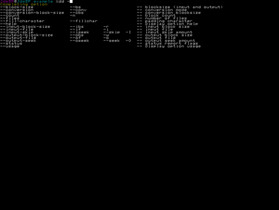 A terminal session in white on black. At the coloured Z shell prompt, a dd command with a following minus sign is a partly entered command, and command-completion has been triggered. The Z shell is displaying a menu of the getopt-style short and long options to the command, taken from its --help output.