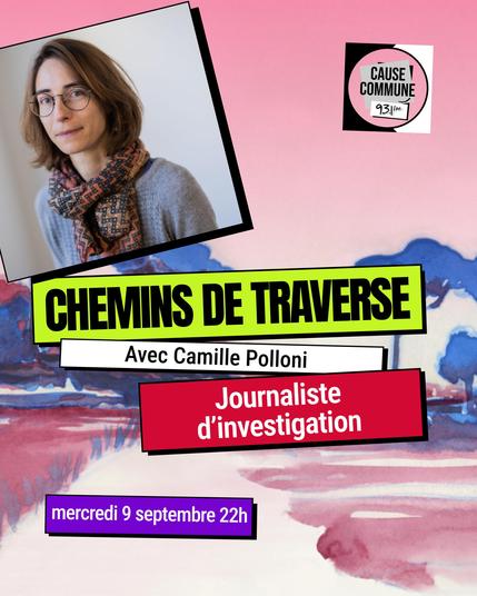 Un chemin bordé de terre de couleur rouge, des arbres bleus, avec les mêmes informations sur l'émission que dans le message. Il y aussi une photo de Camille Polloni.