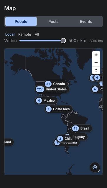 Pantallazo del mapa de Fedihood, con desglose de usuarios por país: Costa Rica 1, México 4, Brasil 13, Estados Unidos 227, Canadá 31, Chile 2...