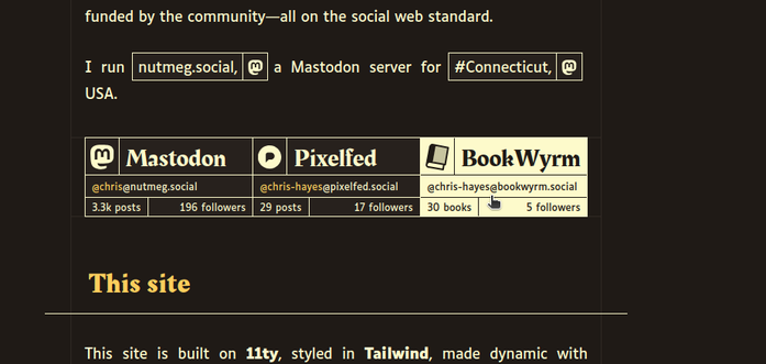 The section of my website that shows my social media list, with Bookwyrm highlighted. Each social platform has a logo, but for Bookwyrm I used a generic book icon as I couldn't get the dragon to look good. My username on Bookwyrm is @chris-hayes on the official server.