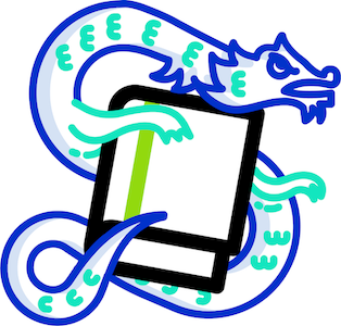 The official Bookwyrm logo. It's a somewhat detailed dragon, that uses multiple blues and greens, and features a book in the center.