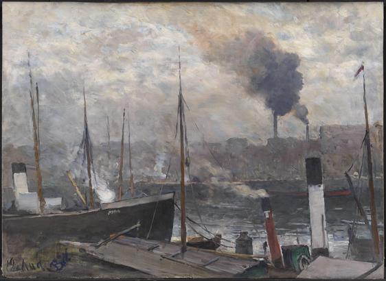 En røgfyldt havnekaj med skibe. På den anden side af vandet ses fabrikker i baggrunden.