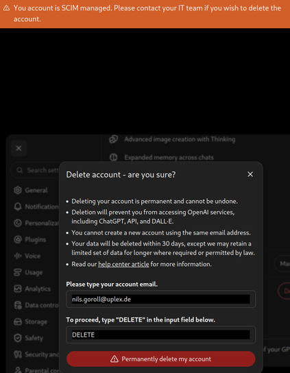 Screenshot of OpenAI account deletion failing.