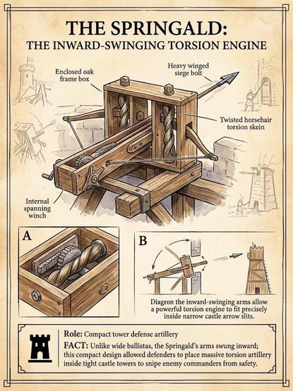 An extremely bad AI generated illustrated textbook page showing an "inward-swinging torsion engine" that is plainly an outswinger. The wood structure is also really bad. The second illustration is some sort of bizarre nonsense mechanism for a torsion spring. The third illustration is a bizarre depiction of a torsion bow shooting through a gap in a wall, but with a catapult arm swinging upward where it would be blocked by the wall. And the projectile is just an arrow head - no shaft - with motion lines that seem to line up with where the shaft's edges would have been. It's also shooting at a comically tiny Dalek-sized seige tower.