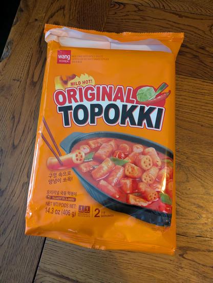 A packet of instant Topokki, labelled "mild hot!".