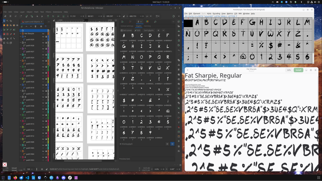 Inkscape is on the left, FontForge in the top-right, Ubuntu Font Preview on the bottom-right. The Inkscape window shows the scanned in pages of different characters, as well as Inkscape's SVG Font Editor panel.