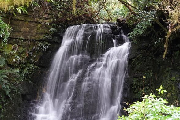 Multi-tiered waterfalls with a slow shutter speed and hence creamy-looking water. The falls are running in front of slabby rocks, with more rock (overhanging) to the left. There is various lush Aotearoa greenery on the fringes of the picture.