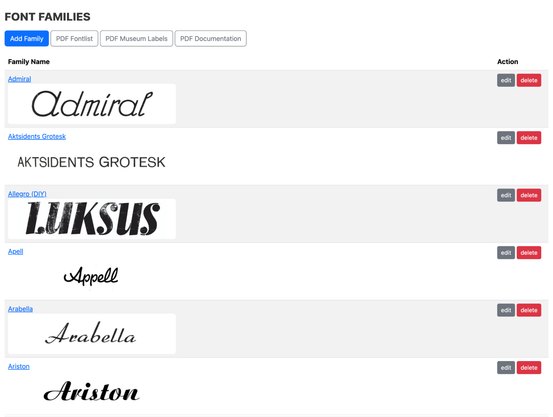 A screenshot showing the first thing visitors see when entering the Constellations database. It is a full list of the font families contained in it. The image shows the first six of them: Admiral, Aktsidents Grotesk, Luksus, Appell, Arabella, and Ariston.