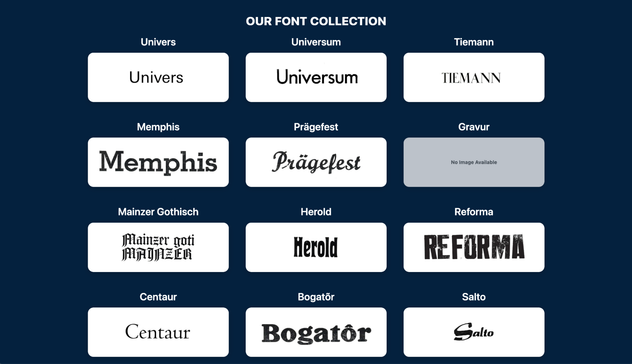 Screenshot from the public preview of the database website (constellations.typa.ee). It shows the names of 12 typefaces in the database.