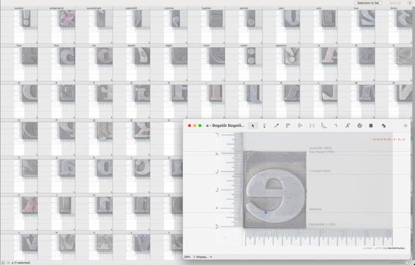 Screenshot from Robofont showing a .UFO file with photographs of metal type sorts from Bogatör Bold in 48 pt.
