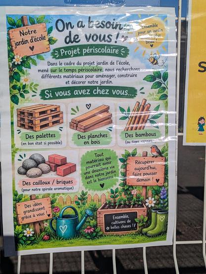 Affiche placardée sur un portail d'école pour la publicité d'un projet périscolaire jardin, réalisée avec la charte graphique typique des affiches pondues par intelligence artificielle : bullet points, slogans positifs/mielleux