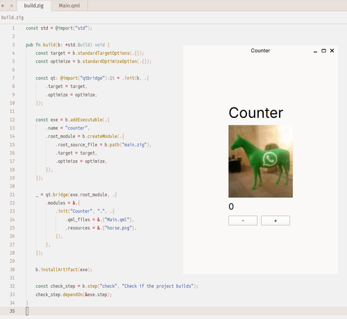 build.zig with a QML module definition listing Main.qml and horse.png; next to it, a  window with a green horse with a WhatsApp logo on it.