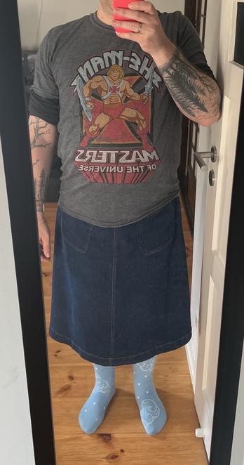 Person standing in front of a mirror, wearing a He-Man graphic t-shirt, a denim skirt, and light blue tights with cloud patterns. Background features a wooden floor and a door.