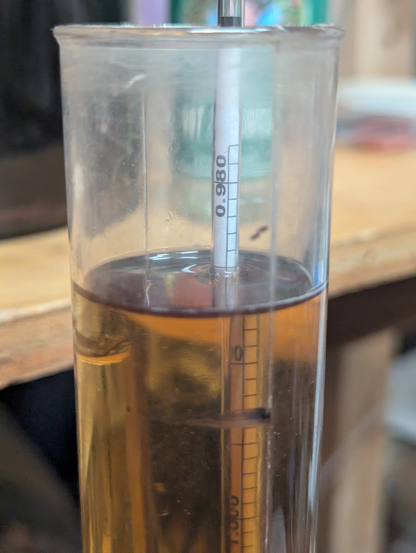 a FG hydrometer floats in a white wine sample inside a narrow test jar. The reading at the surface indicating a gravity of 0.985.