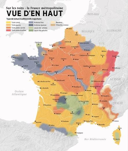 carte de France avec en couleur, la nature des toits des maisons : tuile, ardoise, .. 
"Sur les toits : la France metropolitaine VUE D'EN HAUT"