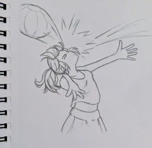 A pencil drawing from the hips up of a young woman. She's holding her arms out in front of her to catch a beach ball being thrown from out of frame, but the ball has come in high and smacked her in the face.