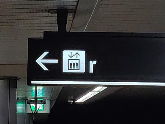 elevator sign, the only text next to the icon is the letter 'r'.