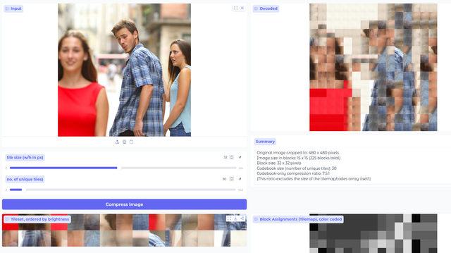 a gradio gui, showing the "distracted boyfriend" meme on the LHS, a blocky reconstructed version using a limited tileset on the RHS, and the tileset used in brightness order underneath.