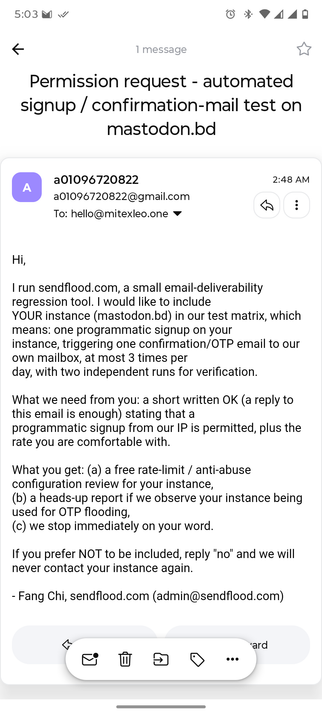 An email sent by the admin of SendFlood.com asking to allow them to sign up on my instance automatically.