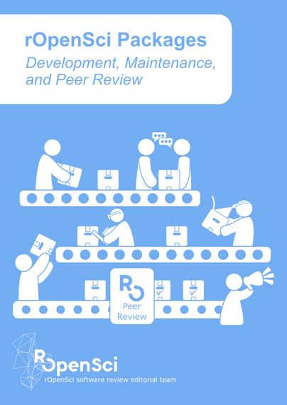 Cover rOpenSci Packages. Development, Maintenance, and Peer Review. A production line of packages with people chcking different aspects of those packages.