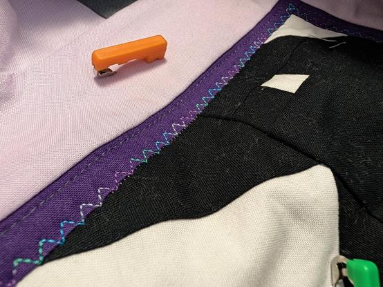 A quilt block. We see the head of a crow. It is framed by a dark and a light strip of fabric. The seam grins at us, showing its thread teeth. A colorful zig-zag stitch runs along the grinning edge to help hold it down.