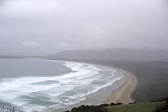 A pretty flat beach on a rainy, cloudy day. There's a bit of green in the corner, and forest behind the beach. There are long white waves.