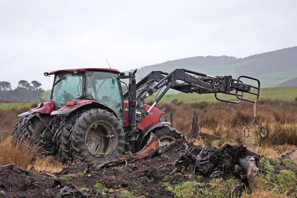 A tractor. If I knew more about tractors I could say more about what it's doing. It is ready to lift something.