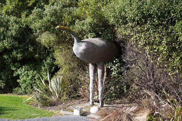 A statue of a giant moa. There is some lichen atop its head.