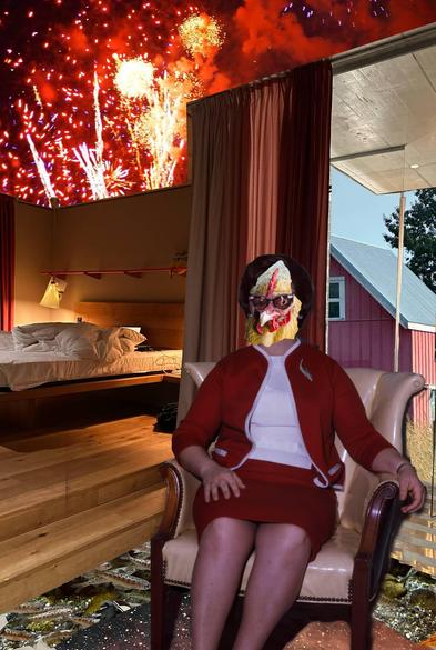 Same collage as earlier but with the fish taking up more of the floor. The window area with the barn has been redone to give a sense of continuation of the inside to the outside. The ceiling over the bed is now fireworks.
