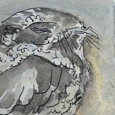 This piece is almost entirely gray scale except for a little bit of gold and copper along the front edge of the bird.