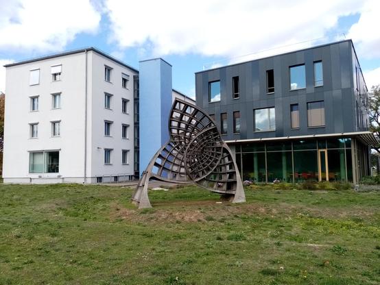 Sculpture of Enneper Mininal Surface with institute behind
