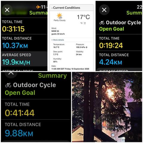 Grid of iOS screenshots and a photo:
1) Apple Fitness Cycling Details:
Total Time: 0:31:15.
Total Distance: 10.37 KM.
Average Speed: 19.9 KM/H.

2) Environment Canada site showing 17℃, 55% humidity, and 24 KM/H wind with 33 KM/H gusts.

3) Apple Fitness Cycling Details:
Total Time: 0:19:24.
Total Distance: 4.24 KM.

4) Apple Fitness Cycling Details:
Total Time: 0:41:44.
Total Distance: 9.88 KM.

5) Photo of a large home on fire visible through trees.