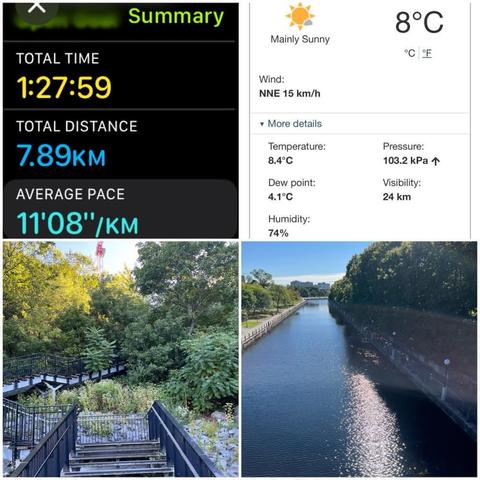 Grid of iOS screenshots and photos:
1) Apple Fitness Walking Details:
Total Time: 1:27:59.
Total Distance: 7.89 KM.
Average Pace: 11'08"/KM.

2) Environment Canada site showing 8℃, 74% humidity, and 15 KM/H wind.

3) Photo looking up the stairs at the base of Parliament Hill, disappearing into the trees.

4) Rideau Canal, with trees on both sides.