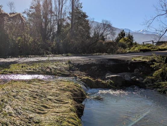 Made it back to the road. Some grass next to the river, and then the road (whew).