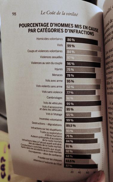 Photo d'une page dun livre avec un graphique en bâton qui montre la proportion d'hommes pour une vingtaine d'infractions ou de délits