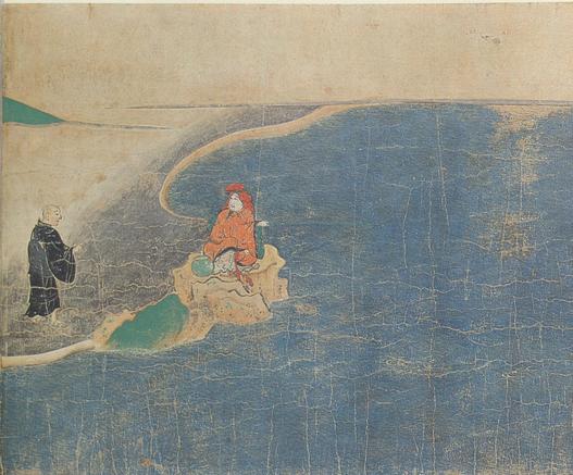 Detail from the first scroll of 'The Illustrated Tale of the Miraculous Origins of Ishiyamadera Temple' dating to the late #Kamakura period (1185-1333) and attributed to Takashina Takakane, illustrating the scene in which the monk Rōben (689-773) is guided by the local deity Hira Myōjin of Lake Biwa to the site where Ishiyamadera Temple is to be established.
#BuddhistArt #Buddhism