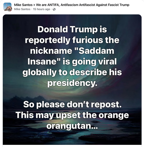 Screenshot of a social media post saying that Trump is reportedly "furious" that the nickname 'Saddam Insane' is going viral, followed by a please to repost it.