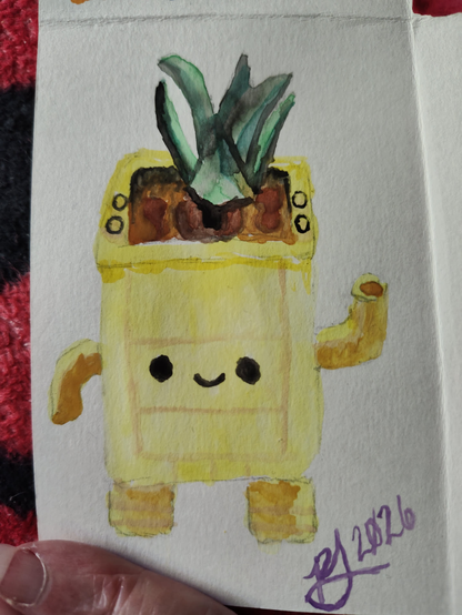 A tiny watercolor painting of a little yellow planter made of Lego with a little happy face on the planter. There's a little green Lego plant coming out the top that looks kind of like a succulent.