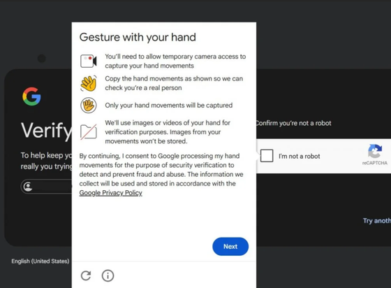 A popup telling the user they must enable access to the camera so they can wave at Google