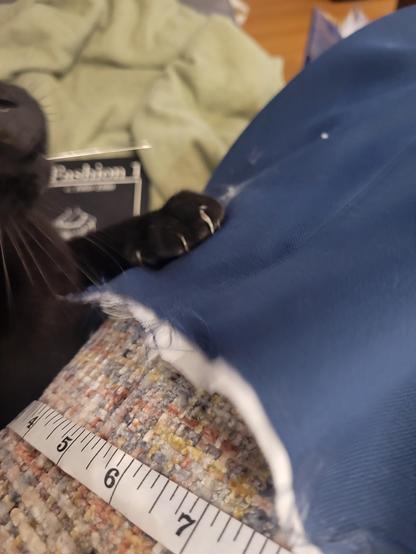 A blurry, half out of frame picture of a cat pulling a sewing pin out of the skirt I am pinning up.