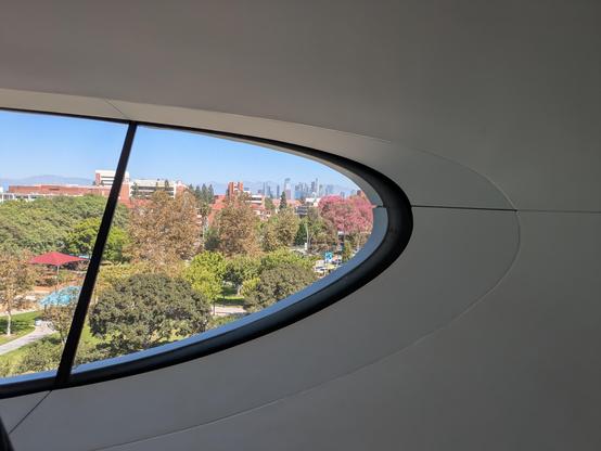 One of several viewing windows inside the Lucas Museum. This one has a view of downtown Los Angeles