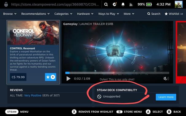 A screenshot of the Steam store page for the game Control Resonant, just released today. This was taken on my Steam Deck, and I have circled the sad part where it lists "Steam Deck Compatibility: Unsupported"