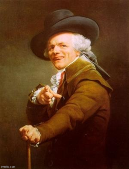 Still image. “Self Portrait 1793” by Joseph Ducreux. An oil painting of a person with curled white hair, wearing a large black hat with a wide brim. One hand pointing at the viewer, the other firmly grasping a cane.