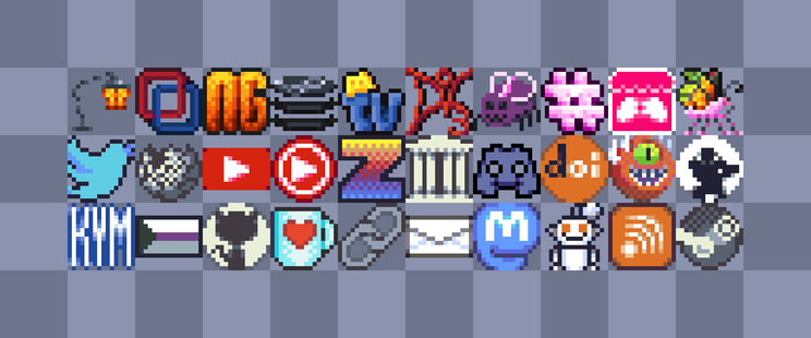 A plethora of cute icons done in my pixel art style for various sites, page elements, and flags.