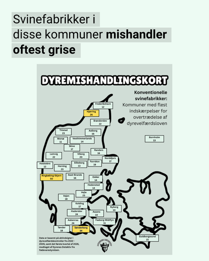 Danmarkskort over dyremishandling på danske svinefabrikker