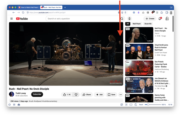 Screenshot from the documentary film Neal Peart: No One's Disciple, showing Alex Lifeson, Geddy Lee, and Chad Smith playing in a recording studio. My husband is dimly visible in the background, operating a camera.