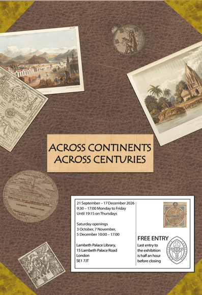 Leather textured surface with postcards and medallions scattered across.